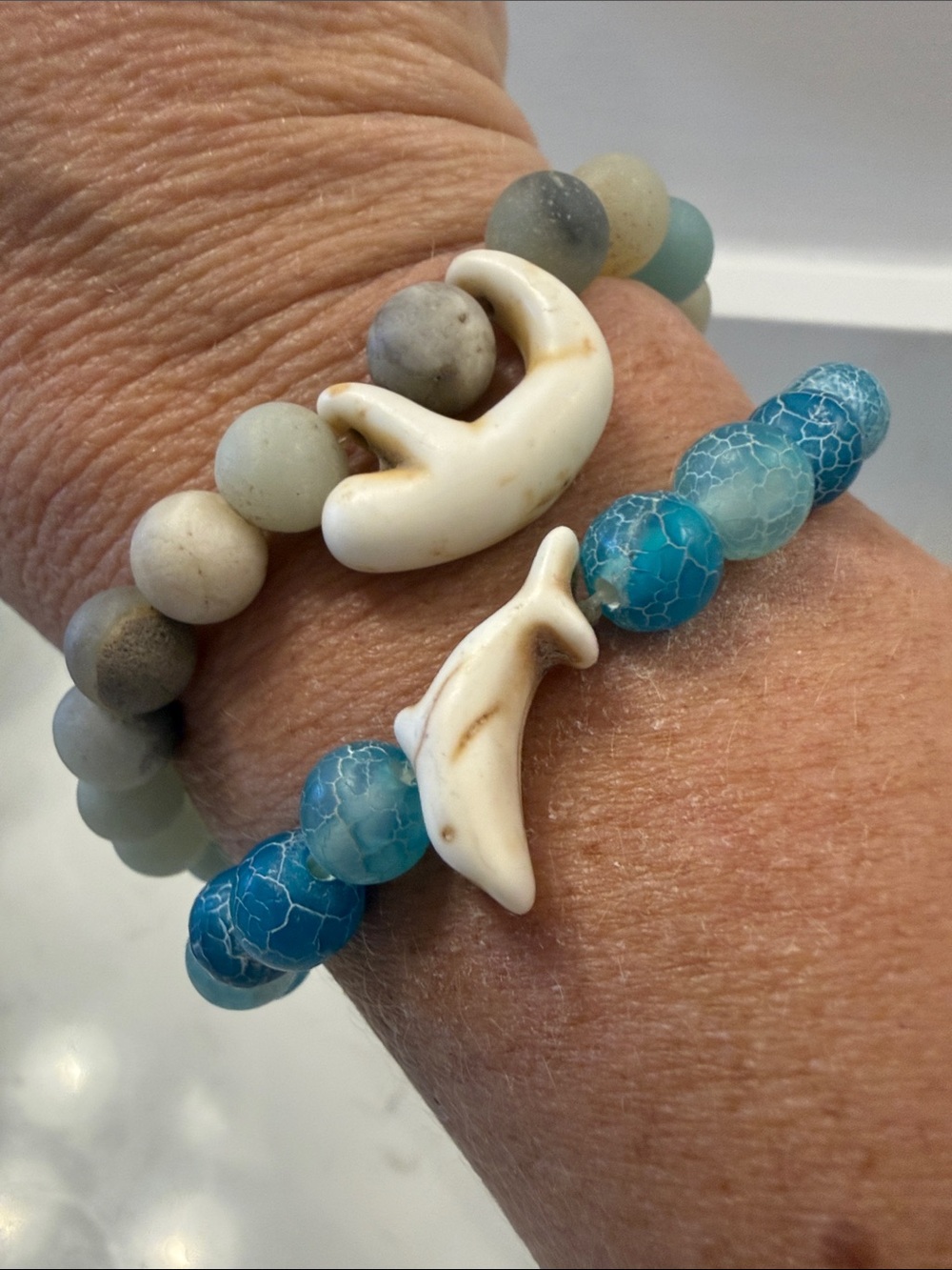 Beaded Dolphin & Sloth Charm Bracelet in Blue and Gray - Women Jewelry set of 2